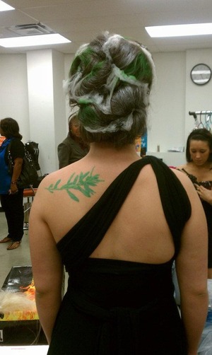 kristen's beetlejuicey hair for fashion show. complete with cobwebs and spiders