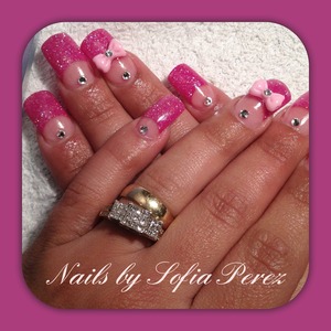 Pink Glitter Tips.. With Bow.. 