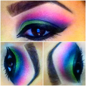 Green, Blue, Purple, & Pink eyeshadow with winged eyeliner. 