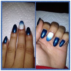the Ombré effect with sparkle blue. ( use with a Cosmetics Sponge) round shape nails.