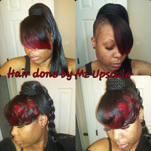 i attempted to do this on myself and succeeded (if i must say so myself)
I used: 22in drawstring ponytail and red n blk duby hair by outre for the bang.