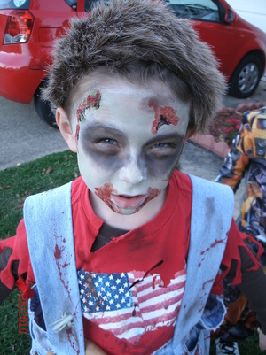 one half of my twin boys. his first really homemade Halloween scary costume 