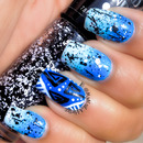 Geometric Nail Art with Blue Gradient and Chunky Glitter