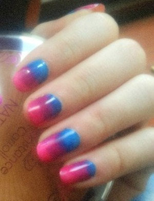 My first ever attempt at gradient nails, from blue to pink with purple as a transition.  