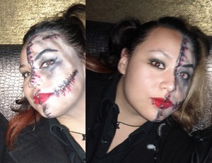 Work style make-up =) no masks or hats required. Zombies are always a good way to go. in this case i went with a modified version of sally from nightmare before christmas! =)