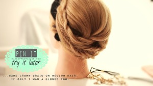 Learn how to make this cute updo on your own hair.

http://www.makeupwearables.com/2013/10/crown-braid-tutorial-video-hairstyles.html