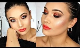 Holiday Party Makeup Tutorial | Metallic Copper Sparkling Smokey Eye + Bright Lips