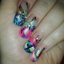 my 3D gel manicure with freehand design and rhinestone embellishments