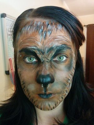 Pre-Halloween run through.  No fur , contacts or teeth...yet.  But the general rough out of the brow to nasal details.

Used:
- Modeling Wax
- Liquid lated
- Mehron Paradise paints (brown, white, black)
- Party store paint - not sure the brand (red/brown)
- Dark brown foundation (covergirl) 