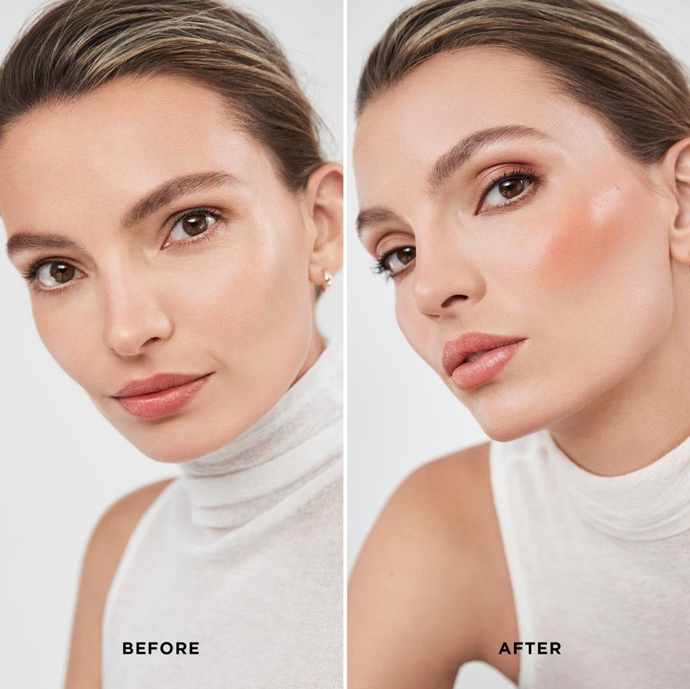 Hourglass Model wearing Unreal Liquid Blush in Moment