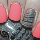 Neon Pink Nails with a Glitter Zebra Watermarble Accent Nail