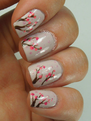 My take on the "Cherry Blossom" mani. More info found on my blog: http://www.lacquermesilly.com/2014/05/22/the-lacquer-ring-cherry-blossoms/