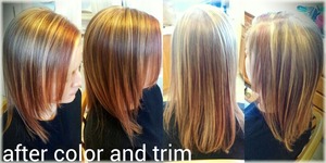 Blonde highlights with brown and red two tone lowlights with a trim