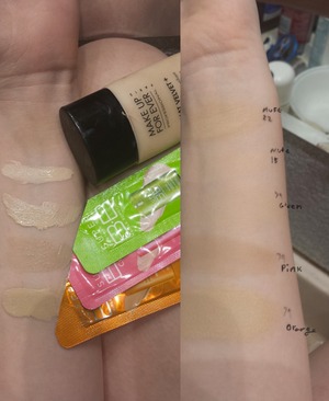 I used my MUFE matt velvet+ in #15 and #20 for reference.

The orange is the warmest and has a yellow tint.
The pink is the coolest and has a grey/pink tint.
The green is the lightest and has a pink tinted cool tone.