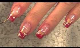 Christmas Nail Art Design - stars / Sterne / Strass Tutorial - rot gold weiss - simple