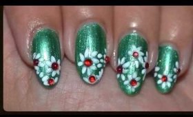 White Flower Nail Art on Green