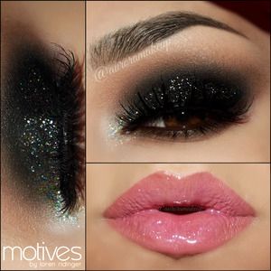 instagram @auroramakeup
FB: https://www.facebook.com/AuroraAmorPorElMaquillaje

There are so many ways to pop up a Smokey eye that the list never ends =)
This look is one of those...just as an idea for New Year's Party

Products @motivescosmetics by @lorenridinger

Eye Shadow Base

Pressed Eye Shadow in VANILLA to highlight brow bone

Pressed Eye Shadow in CAPPUCCINO as transition color on the crease

Mineral Pressed Blush in INNOVATIVE as transition color in the crease to blend the black eye shadow

Gel eyeliner in LITTLE BLACK DRESS as base on mobile eyelid and to line top lashes 

Pressed Eye Shadow in ONIX to set the gel eyeliner in mobile eyelid and blend the edges towards the brow bone

Pressed Eye Shadow in LIQUID in the inner corner

Khol Eyeliner in COFFEE in waterline and below lower lashes

Pressed Eye Shadow in HOT CHOCOLATE below lower lashes blending the edges of Khol eyeliner 

Glitter Pots in LAGOON BLUE, KARMA, PLUM FAIRY, POT Of GOLD and JEWEL PINK ....a little amount of each one mixed together to cover mobile eyelid using Glitter Adhesive

Glitter Pot in DIAMOND on the inner corner only 

Lala Mineral Volumizing & Lengthening  mascara in BLACK in top and lower lashes

Mineral Lip Crayon in CINNAMON as a base on my lips 

Mineral Lip Shine in PASSION on top

LASHES are Double Up #206 by @ardell_lashes

BROWS were made with DIP BROW POMADE in EBONY by @anastasiabeverlyhills
