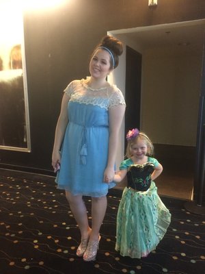 This is Sarah herself from the blog Sarahindipitdy!!! We caught her at the movies and got some photos with her in her Cinderella dress going to see the new movie Cinderella!! Little Kyleigh stands by her in her Anna dress!!