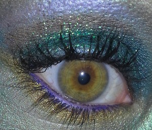 I started with a NYX eyebase and added Urban Decay colors-omen, honey, smog, vanilla...mac gel eyeliner and Urban Decay Curl Mascara. Glitter is Lime Crime Zodiac Glitter in Capricorn. Lower waterline purple liner is Lush from Urban Decay.