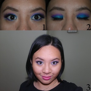 A quick way to incorporate color with a pop. 
Step 1: Taking a matte, sky blue pat it softly all over the eyelid, bringing it slightly to the crease/socket-line. We want it a little higher, so the crease/scoket-line color can blend into the eyelid color better.

Step 2: Now with the brightest purple you have, take a domed brush and swirl it into the crease/socket-line. Make sure that the colors appear to fade from the purple to the blue. This means that you’ll need to balance between blending enough, and not make the colors look too muddy. Oh, for this look, you can make the crease/socket-line color go as high as you like. In my case, I want the purple to peek through when I open my eyes.

Step 3: To make the eyes stand out more, use the cat-eye look. Why? Well, that’s to add some drama to the eyes, and to give the eyes a little more definition, because cat eyes elongate the eye horizontally, while the eyeshadow goes out and up.

Step 4: To prevent the black eyeliner from closing off the eye too much, apply the purple used on the crease/socket-line onto the eyeliner on the waterline, and then apply the blue on the lower lashline.

Step 5: Add false lashes of your choice and define your brows. Make sure you extended the “tail” of the eyebrow slightly to where the cat-eye wing or your eyeshadow ends. to give your eyes a lift to make you look more awake.

Step 6: If you want to make the look a little interesting, add some teal shimmer on the lids. Only a tiny little bit to the center of the lids. Oh yes, if you find the upper side of the purple too harsh, do take some ballet-pink on a CLEAN brush and lightly blend the upper line to soften the edges.

Step 7: For this look, I wanted the eyes to take precedence, followed by the lips, so I decided to give the lips a medium-pink color that’s a little nude, but a little pink. The cheeks, however, sport a little contouring and highlighting.

