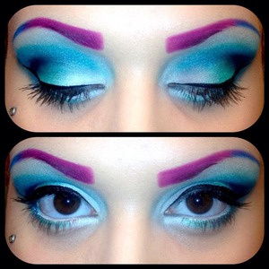 Primer- Urban Decay Primer Potion
Lid base- NYX Milk
Shadows- 120 Palette Second Edition by BH Cosmetics
Waterline/Undereye- Milk with shadow packed on top from 120 palette
Eye Brows- Ben Nye's Passion Purple and Blue from 120 Palette by BH Cosmetics
Liner- Bombshell Cosmetics liquid liner pen in Onyx
Mascara- ELF Mineral Infused Mascara