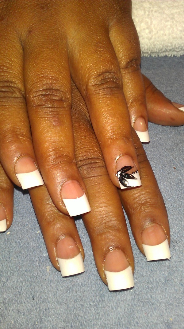 French Whit Tips Black Painted Flower Acrylic Nails | Felicia C.'S  (Nailsplushair) Photo | Beautylish