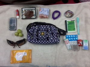 this what i carry in my daily bag . there are sum additions in my bag when I go shopping, or travel. PLEASE POST A PIC OF UR BAG AND WHAT U CARRY.
clockwise:
citrus extract wet tissues
sunglasses
indian gooseberry I snack on thm always)
mobile
nivea strawberry lip balm
wallet
kerchief
hair tie
mirror (it has such a cute doll face on it)
note pad and pen
medicines (sinus headache , nausea, bandaid, painkiller balm)
