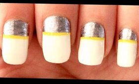 White & Silver with a pop of Yellow nail art