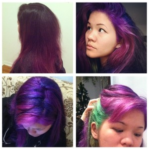 Top Left: Before.  A couple months of new growth, a couple inches of dark brown previously colored "roots" that gradually fades into a violet ombre.  The other three photos show the After!  3 shades of violet in varying tones and one chunk of bright green!