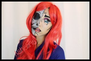 Here is my decaying beauty pop-art inspired makeup look.
Half skull, half beauty. She's fighting a hard battle, but will she prevail? 

PRODUCTS USED
Urban Decay Electric Palette
Lime Crime Suedeberry Velvetine 
Essence Eyeliner for black detailing 