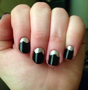I took a strip of masking tape, cut right down the middle in a squiggly line. I painted a base coat, then the silver. I let it dry for about five minutes, cut a small piece of the masking tape off the strip, and stuck it to the bottom of my nail. I then painted black nail polish over the top, pulled off the tape, put on a top coat, and bam! Done. :3 <3