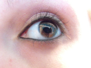 A simple gold eye lined in black liner.