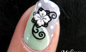 Nail Art Tutorial - Snow Flower Design Polka Dots Black and White Green Nail Design