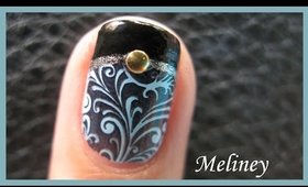 BLACK FRENCH TIP MANICURE WITH GOLD SHELL ACCENT KONAD STAMPING NAIL ART DESIGN TUTORIAL SHORT M89