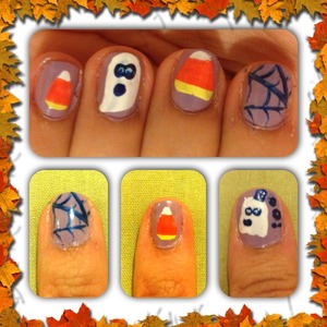 Freehand-painted ghost, candy corn, bat and spiderwebs! 