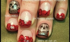 border outline nails sugar skulls with french red roses robin moses nail art tutorial design 662