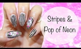 Stripes & A Pop Of Neon ♡ Nail Design