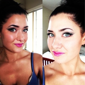 Hot pink lips, cat eye, and a messy bun!