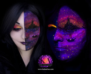 If you like this look, please consider liking, sharing or commenting on it. Facebook is a turd and only shares my stuff to about 1/22 of my followers! 

So one of my favourite Disney scenes will always be the Tangled lantern scene. Now I've already done a small eye version of this, but I haven't done a full face look with black light! So here it is! Oh and I even did a teeny tiny dot of green on there for Pascal. You can guess what song was stuck in my head the entire day...