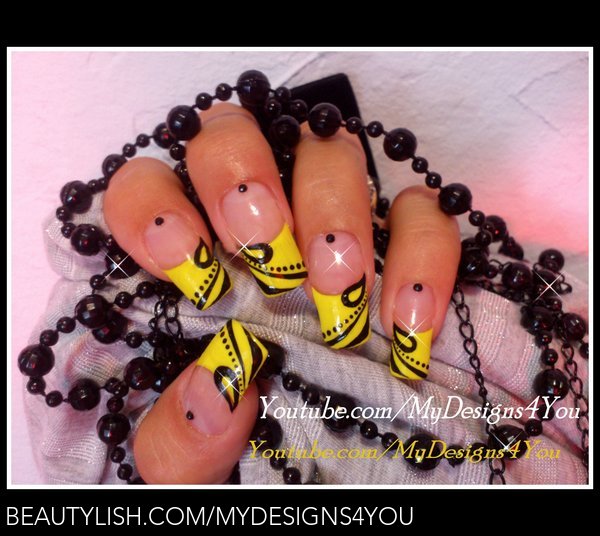 Stylish Belles — Cute neon yellow almond nails with black base and...