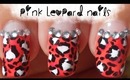 Pink Leopard Animal Print Nail Art with gems (non-dominant hand)