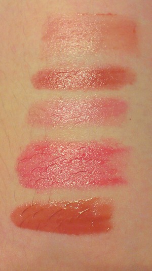 From bottom to top: 
Smashbox Lip Enhancing Gloss True Colour- Hype
Revlon Colorburst Lip Butter- 090- Sweet Tart 
Clinique Chubby Stick- 06- Whopping' Watermelon
Tarte Lip Surgence Natural Lip Tint- Moody 
Burt's Bees Tinted Lip Balm- Rose
