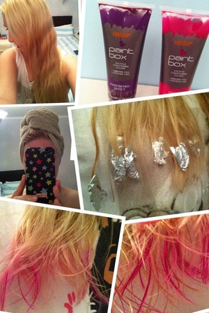 This is how I got pink ombre tips! Be careful though, I've had them for a month now, with very little fading. I do love it though and I've had so many compliments.

Wash your hair, towel dry, add the colour to the tips and wrap in tin foil to stop it touching the rest of your hair, I went for small sections initially and then added more up the shaft when I felt braver the second time round. When your times up wash out thoroughly and style as usual. The Fudge colour hasn't damaged my hair at all, which is great. The very pale pink is actually Pink Moon, which is a gorgeous and subtle colour. I applied to dry hair second time round, which is probably why it won't wash out. I'm sure it'd work with other hair colours too. For something more temporary I understand people are using chalk?! But I think I'd get covered. Good luck! :)