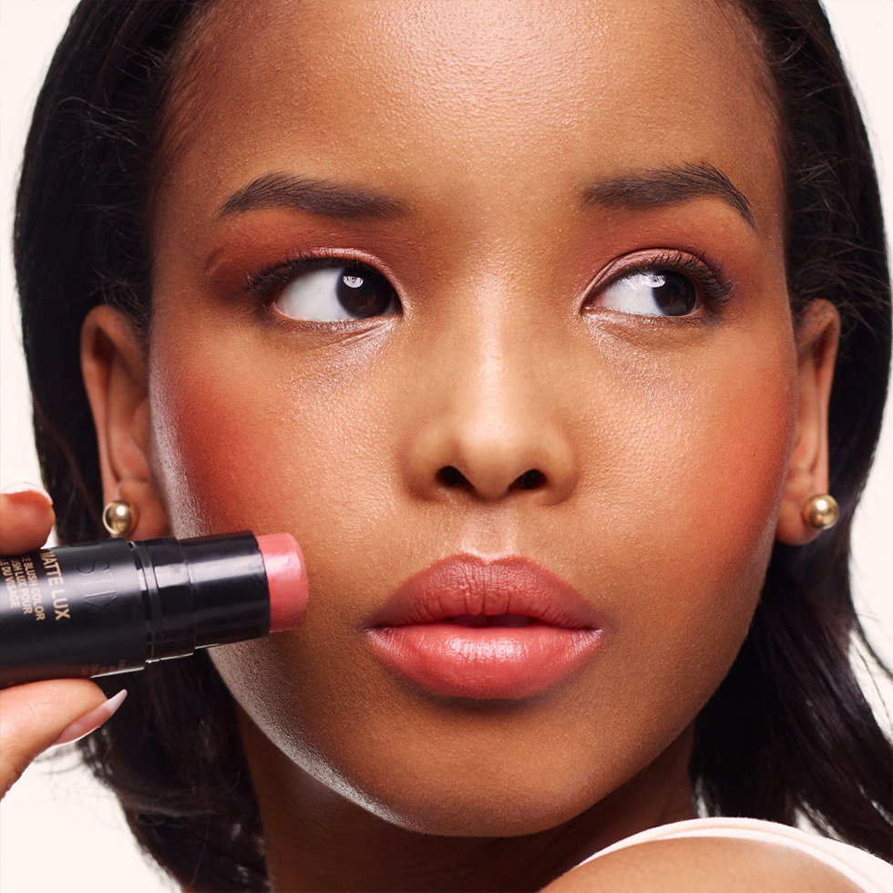 Nudestix model wearing the Nudies Matte Lux in Juicy Melons