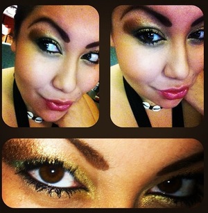 using the eyeshadows in profound booklette, 
foiled eyeshadows, gold bronze brown and green. brown brow, apple mascara, and chrry bubblegum lip