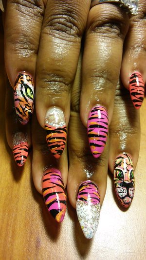 Lisa Frank inspired tiger print hand painted nails, by SauceC Nailz