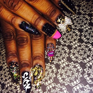 @dazzlingdreamnails all designs done by me. Ski Mask and Butterfly 3D Jewelry AB Crystal Bow and Chains 
