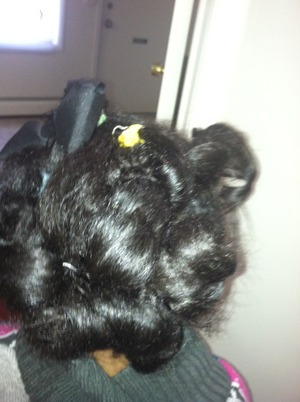 Out rollers in her hair and then I use some pins to hold the curls 