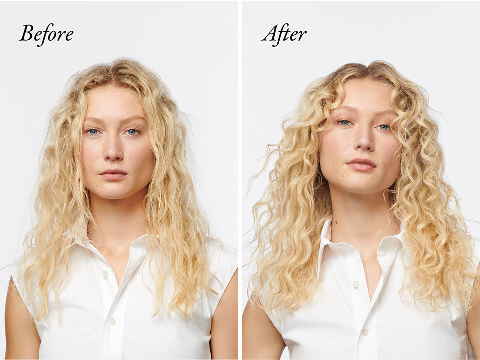 Oribe model before & after using the Hair Alchemy Heatless Styling Balm