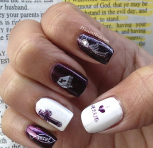 I used: Rococo A-go-go by Orly,  Snow Me White by Sinful Colors, Pure Pearflection by Essie and Konad nail stamp S3.

http://2thelastdrop.com/2012/01/29/inspired-by-the-supernatural-miracle-nails/